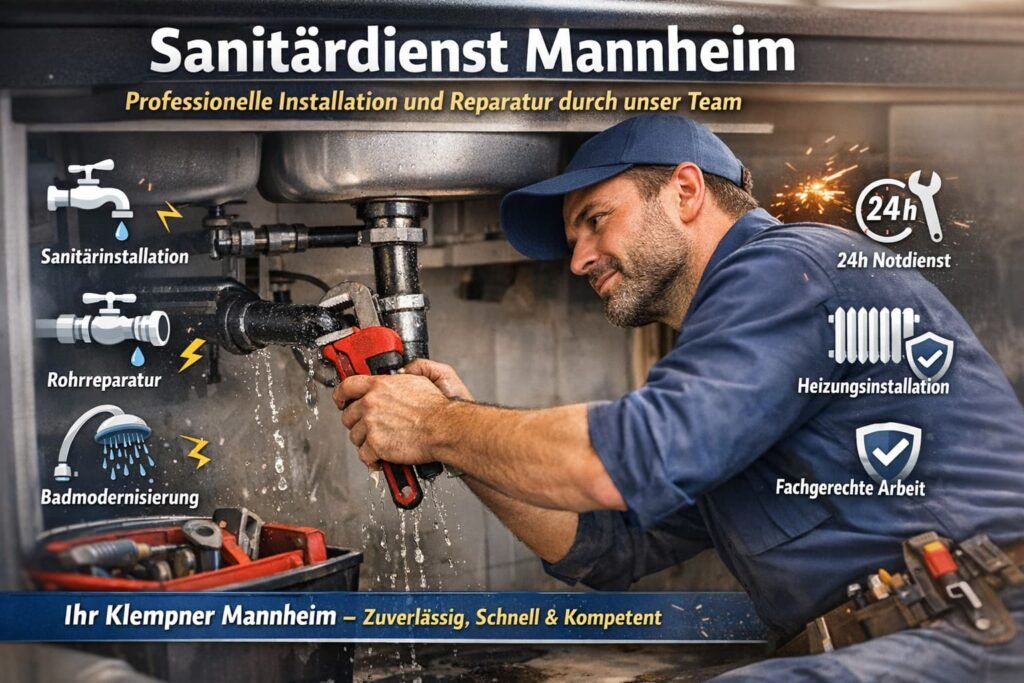 Sanitärdienst Mannheim Techniker repariert Wasserrohr unter Spüle mit professioneller Ausrüstung und 24h Service