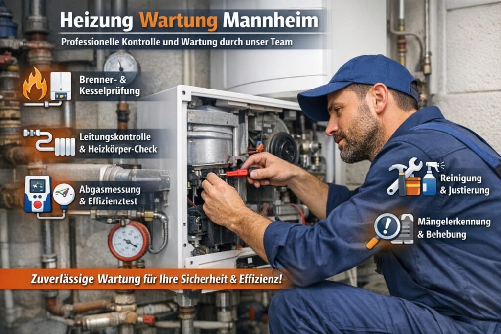 Heizungswartung Mannheim – Techniker prüft Heizungsanlage, Rohre und Brenner für effizienten und sicheren Betrieb
