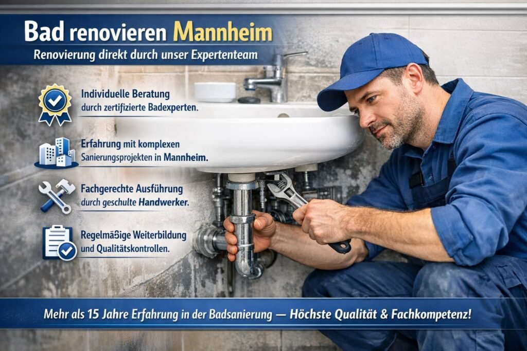 Badrenovierung in Mannheim – Fachmann repariert Waschbecken mit professionellem Werkzeug und modernen Sanitärlösungen
