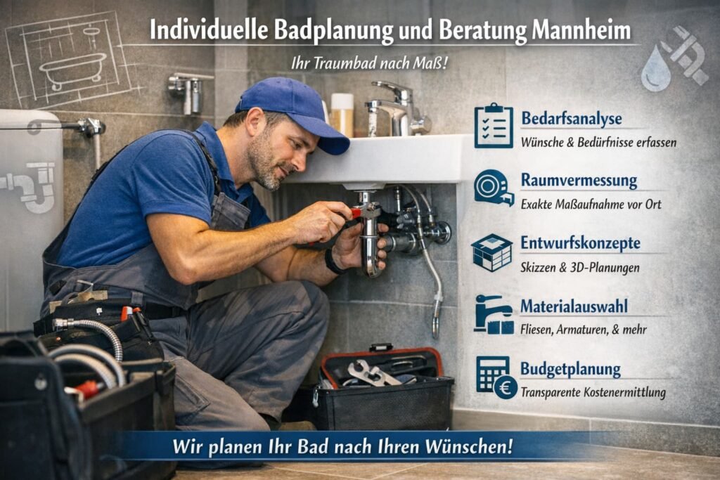 Professioneller Klempner bei der Badreparatur und individuellen Badplanung in Mannheim mit moderner Sanitärtechnik und Beratung