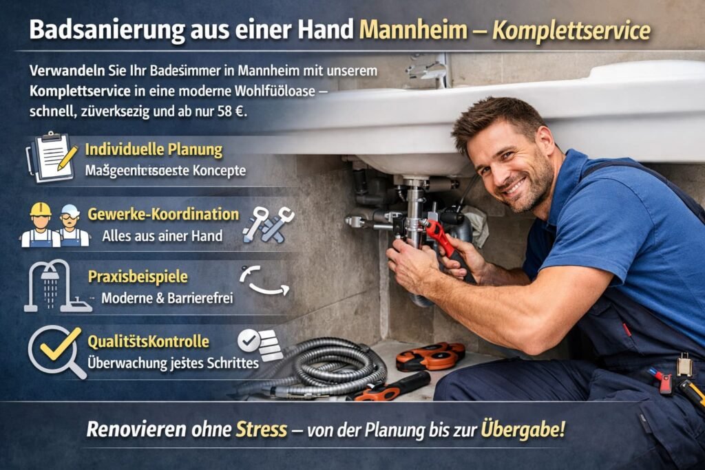 Badsanierung Mannheim – Fachmann repariert Sanitärinstallation mit Komplettservice für moderne Badrenovierung