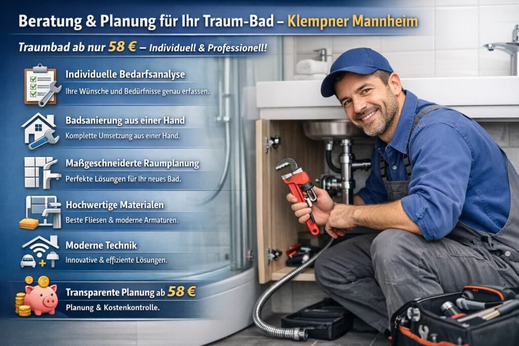 Installateur repariert Waschbecken im modernen Badezimmer – professionelle Badplanung und Sanitärservice in Mannheim