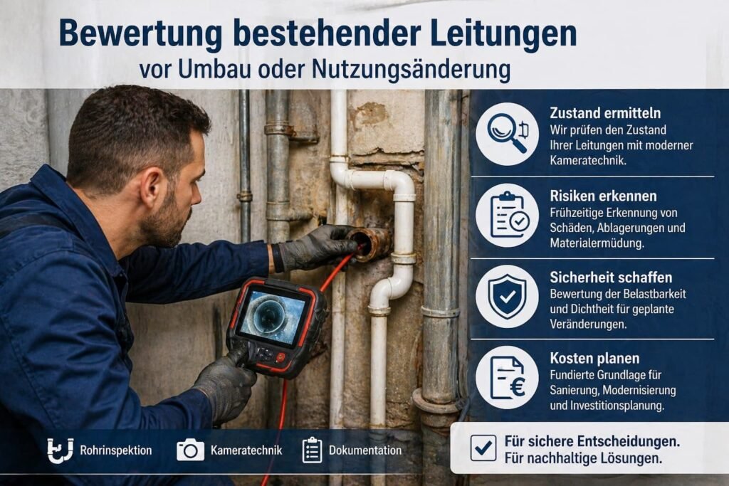 Fachmann prüft Rohrleitungen mit Kamera vor Umbau und bewertet Zustand sowie mögliche Risiken