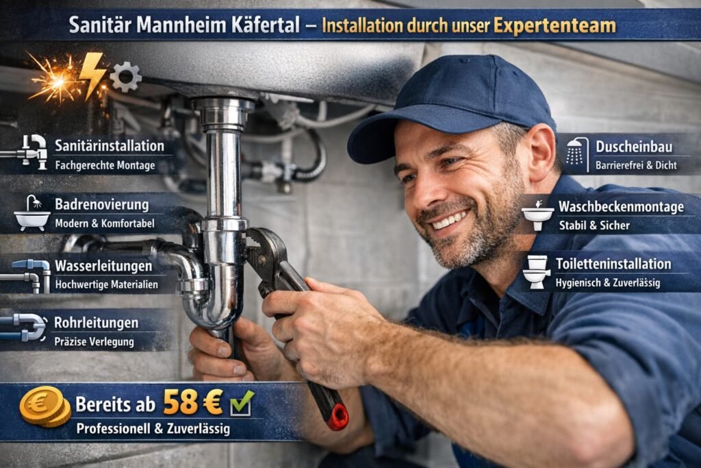 Sanitär Mannheim Käfertal: Fachmann repariert Rohr unter Waschbecken mit professioneller Installation und modernen Sanitärlösungen