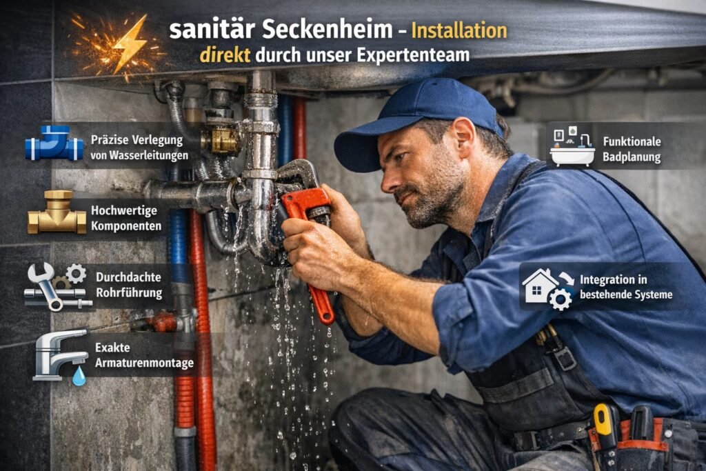 Sanitär Seckenheim Installation durch Experten – Klempner repariert Wasserleitung unter Waschbecken mit modernen Werkzeugen