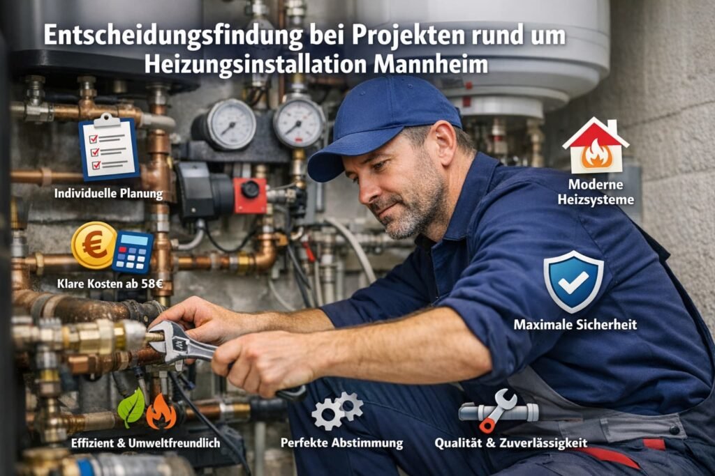 Heizungsinstallateur in Mannheim bei der Wartung moderner Heizsysteme mit Symbolen für Planung, Kosten und Sicherheit