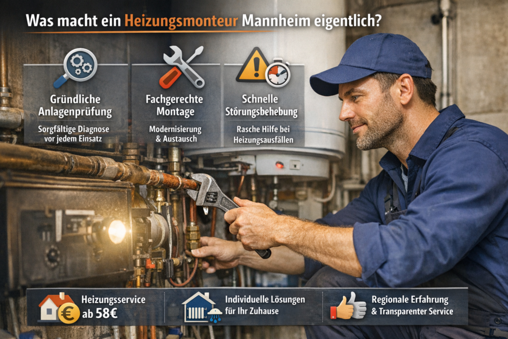 Heizungsmonteur in Mannheim repariert Heizungsanlage mit Werkzeug – professioneller Sanitär- und Heizungsservice