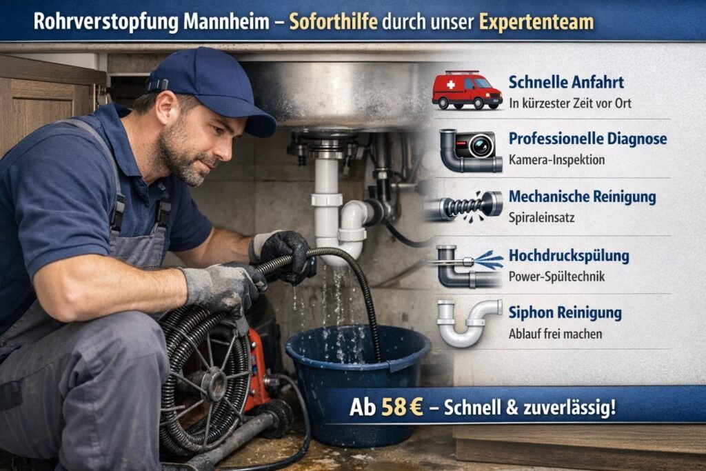 Rohrverstopfung Mannheim – Klempner beseitigt Abflussverstopfung schnell mit moderner Technik und Notdienst-Service