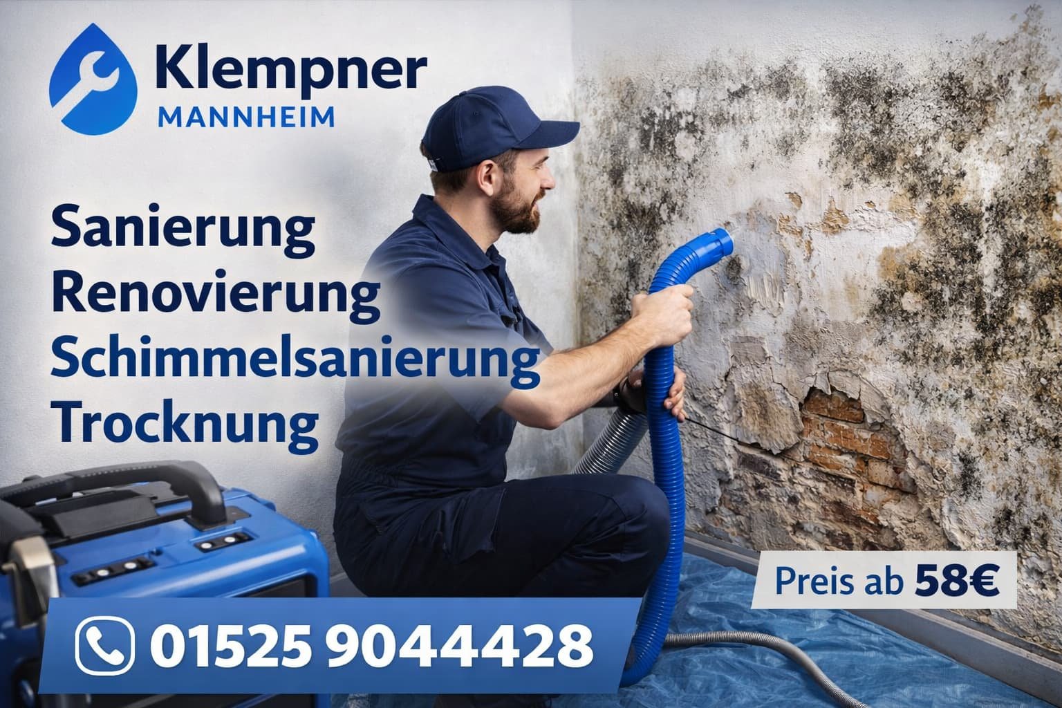 Klempner Mannheim behebt Schimmel und Wasserschäden – Sanierung, Renovierung, Trocknung ab 58€