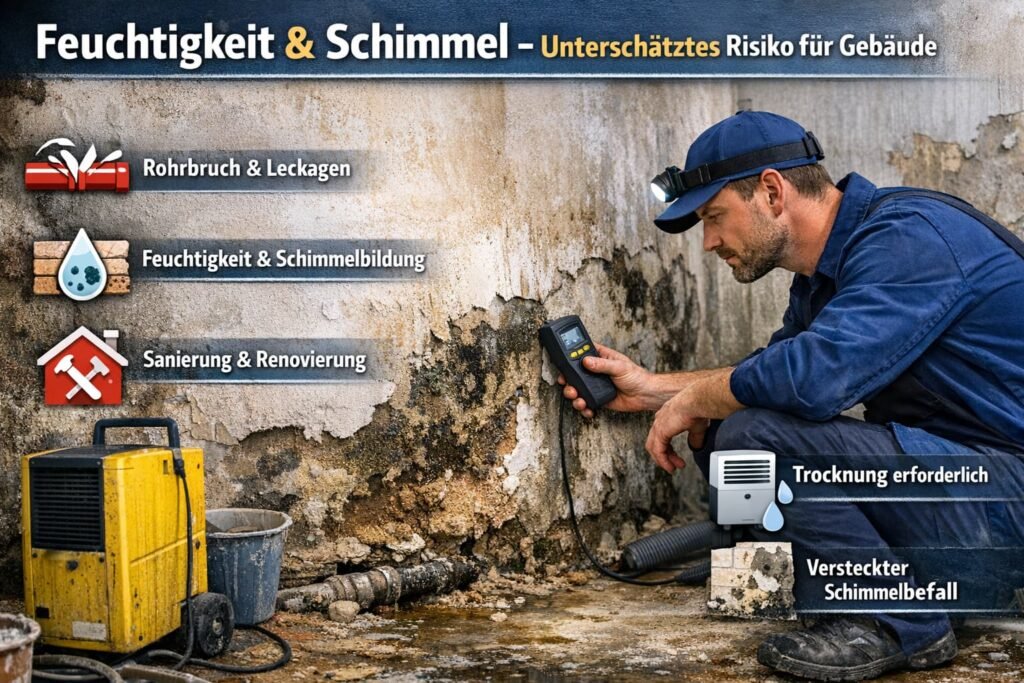 Feuchtigkeit und Schimmel nach Wasserschaden – Installateur prüft Wand auf versteckte Schäden und Leckagen