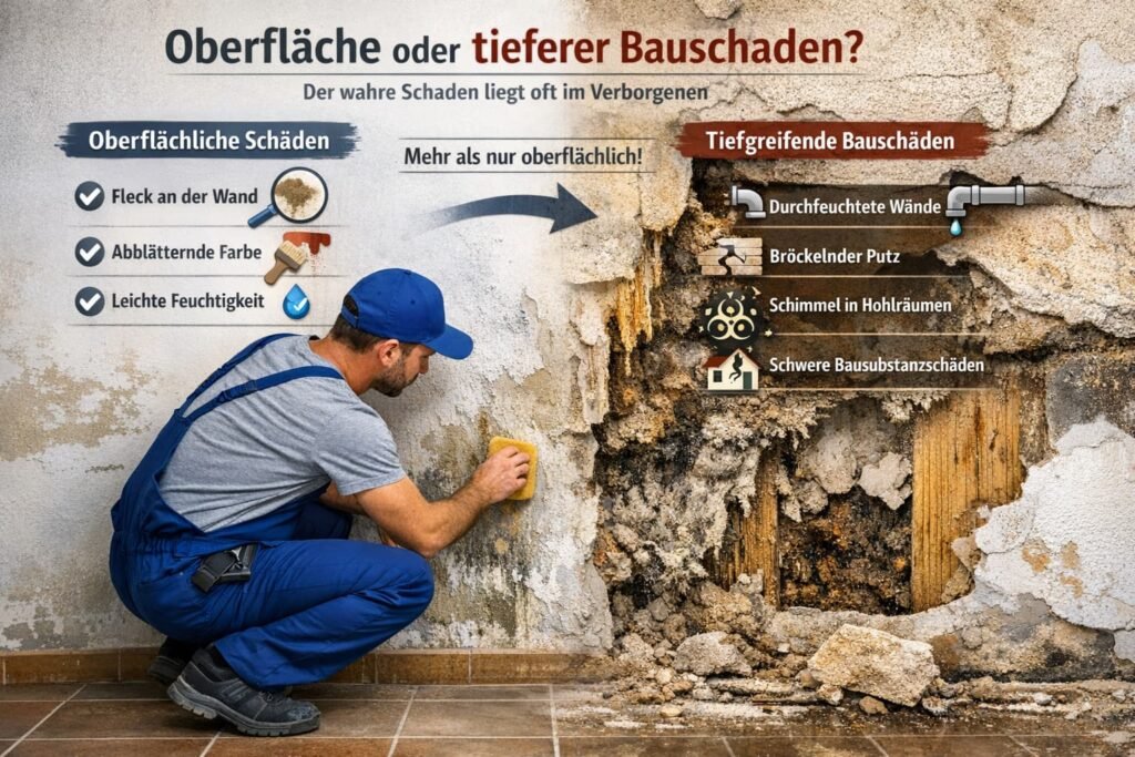 Klempner prüft Feuchtigkeitsschaden an Wand – Vergleich zwischen oberflächlichen und tiefgreifenden Bauschäden mit Schimmel und Putzschäden