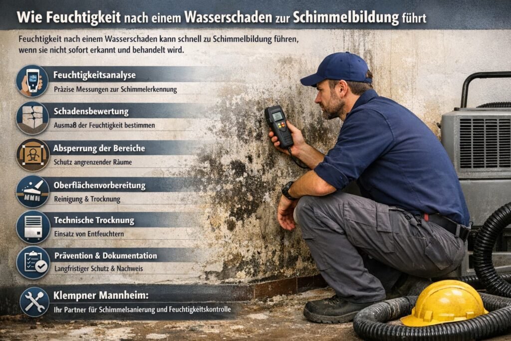 Plumber misst Feuchtigkeit an schimmelbefallener Wand nach Wasserschaden mit Sanierungs-Icons und Tipps