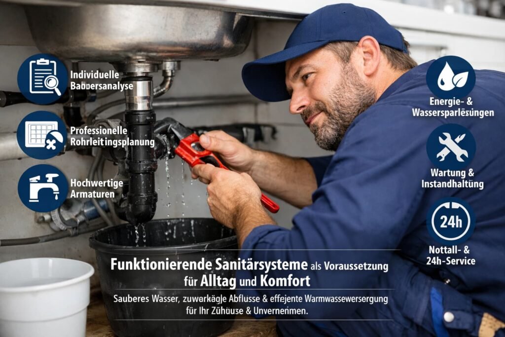 Professioneller Klempner repariert ein undichtes Rohr unter der Spüle – moderner Sanitärservice für Alltag und Komfort