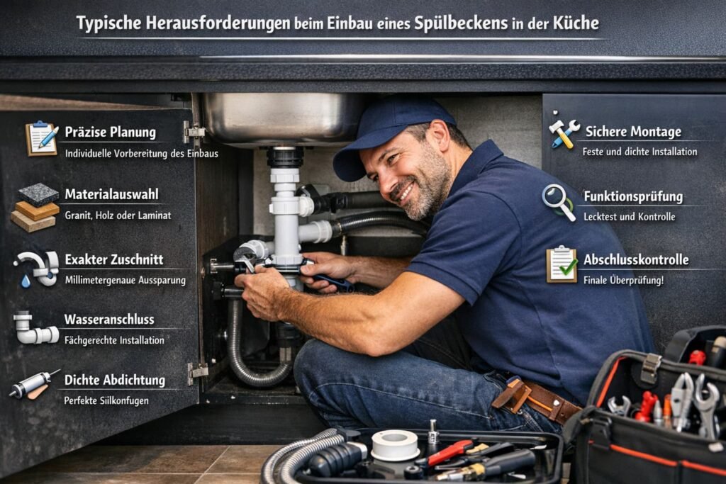 Typische Kücheninstallation: Klempner montiert Spülbecken fachgerecht mit Abdichtung, Wasseranschluss und präzisem Zuschnitt
