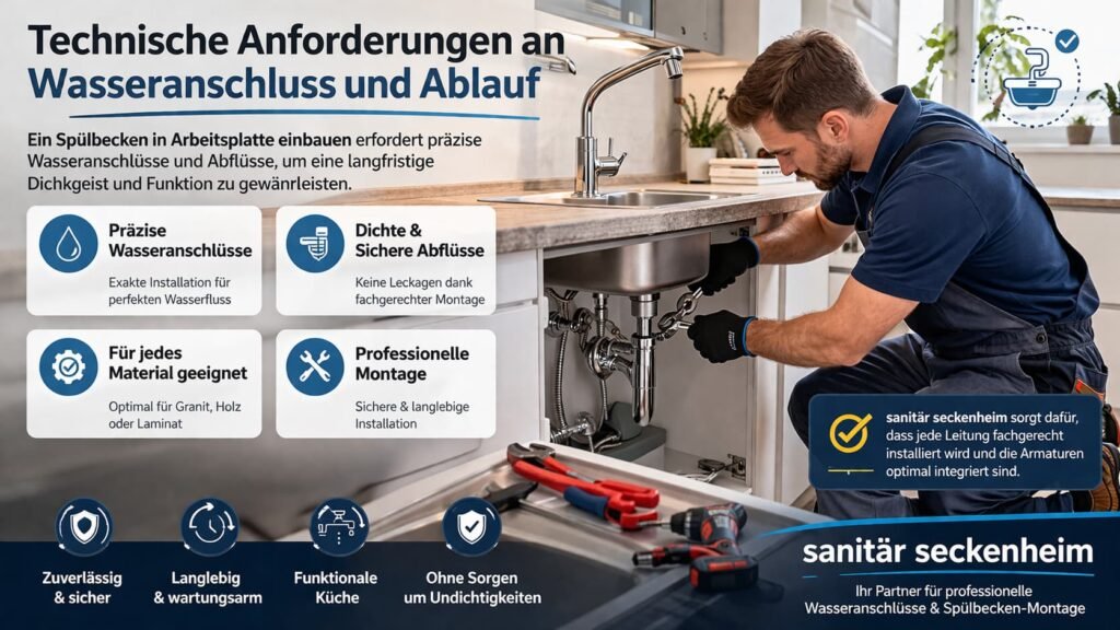 Technische Installation eines Spülbeckens: Fachmann montiert Wasseranschluss und Ablauf in moderner Küche mit präziser Sanitärtechnik