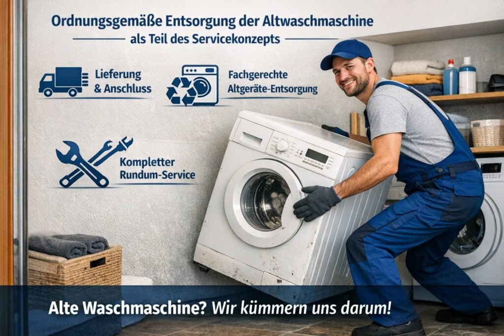 Techniker transportiert alte Waschmaschine – Lieferung, Anschluss und fachgerechte Entsorgung Service