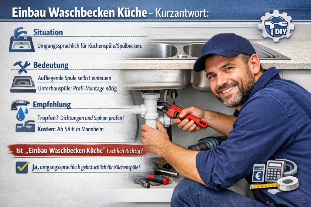 Einbau Küchenspüle: Klempner installiert Spülbecken und repariert Siphon unter der Spüle mit Werkzeugen