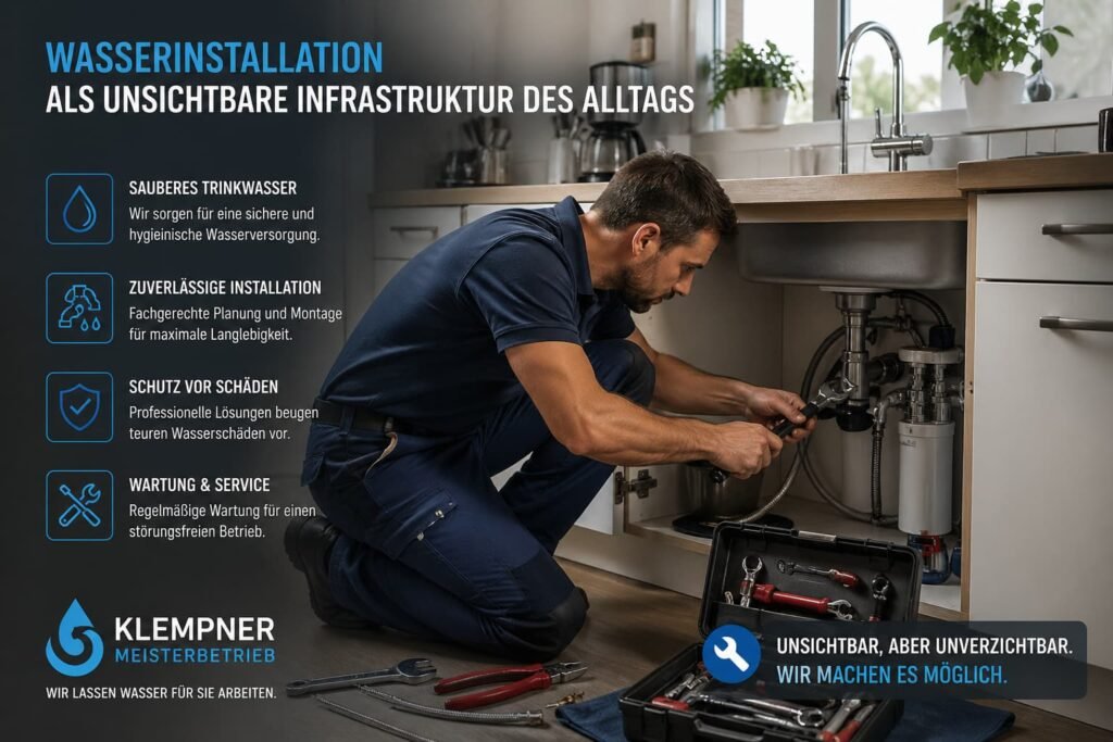 Ein Installateur repariert ein Wasserleck unter der Küchenspüle mit professionellen Werkzeugen in einer modernen Wohnumgebung