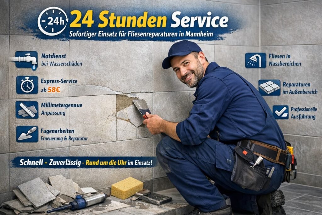 Fliesenleger im Einsatz bei Reparatur beschädigter Badezimmerfliesen – 24 Stunden Notdienst Mannheim
