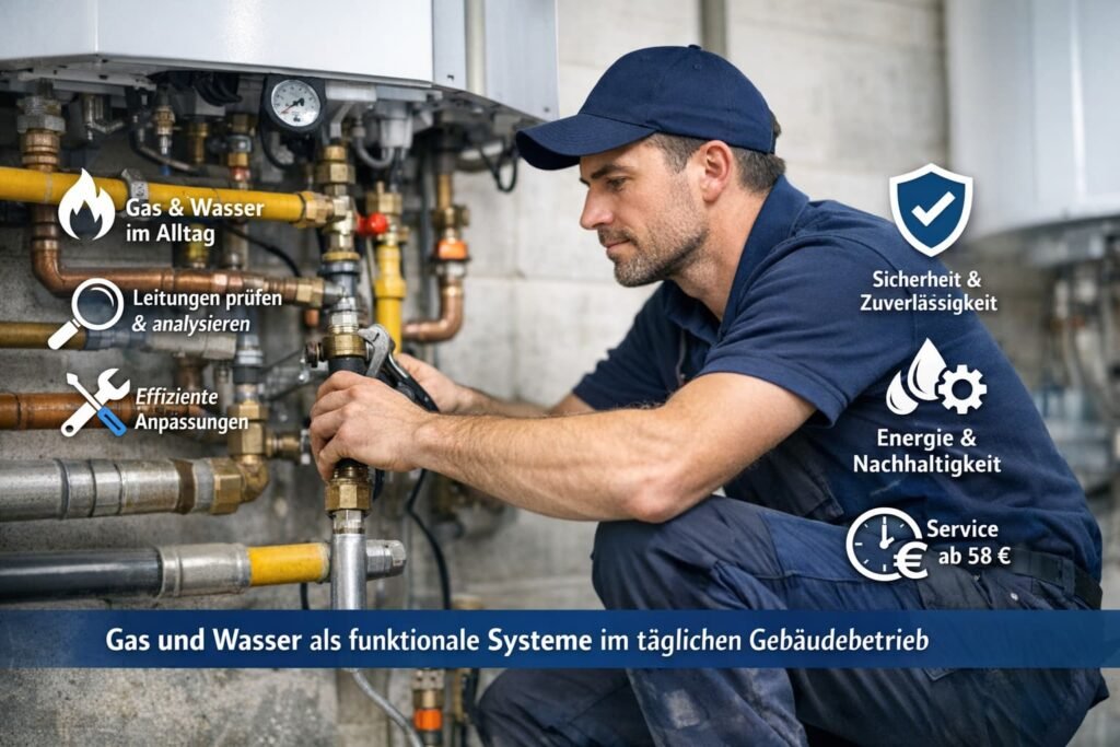 Gas- und Wasserinstallateur repariert Rohrsystem mit Fokus auf Sicherheit und Effizienz im Gebäudebetrieb