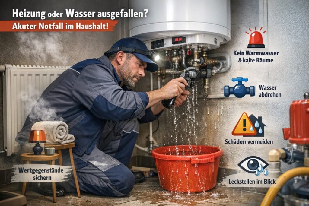 Deutscher Installateur behebt akuten Heizungs- und Wasserschaden im Haushalt mit sichtbarer Leckage und Notfallmaßnahmen