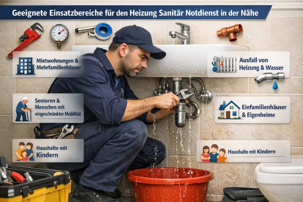 Heizung Sanitär Notdienst Techniker repariert Rohrleck in Wohnung mit passenden Einsatzbereichen Icons