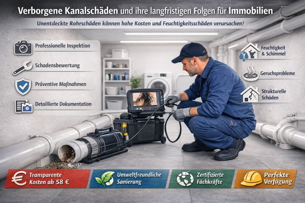 Professioneller Installateur inspiziert verdeckte Kanalschäden mit Kamera – saubere Rohrsanierung 