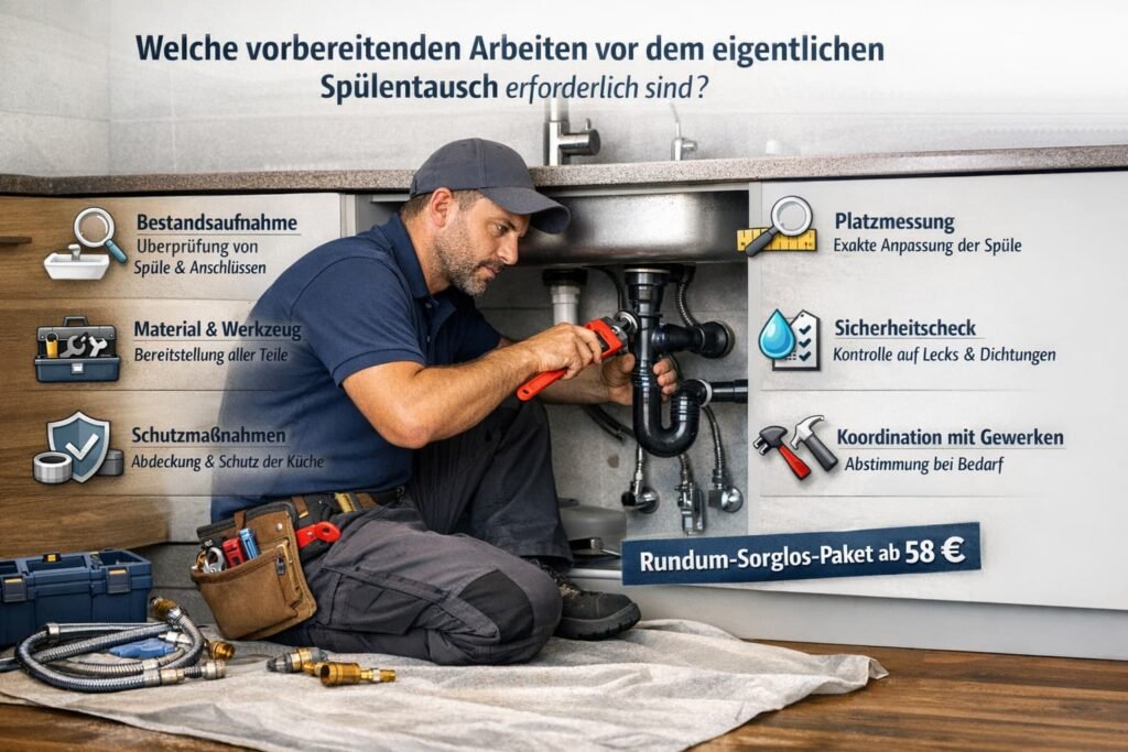 Installateur arbeitet unter Küchenspüle bei Vorbereitung für Spülentausch mit Werkzeugen und Anschlussprüfung