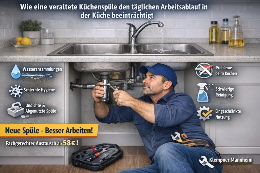 Klempner repariert veraltete Küchenspüle – moderne Lösung für bessere Küchenhygiene und effizienten Arbeitsablauf