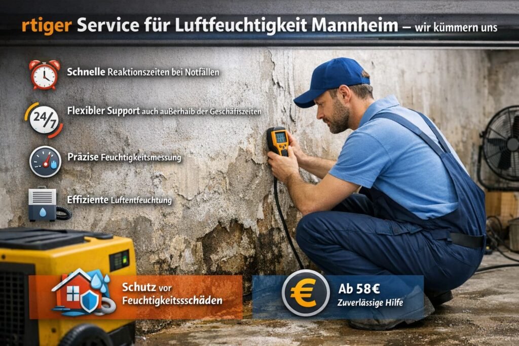 Plumbing- und Luftfeuchtigkeitsservice in Mannheim – Techniker misst Wandfeuchtigkeit und nutzt Luftentfeuchter zur Schadensbehebung
