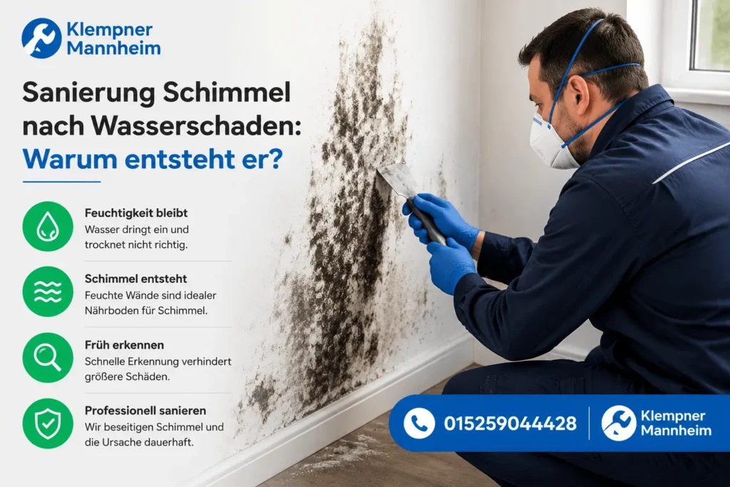 Fachmann entfernt Schimmel von einer feuchten Wand nach einem Wasserschaden