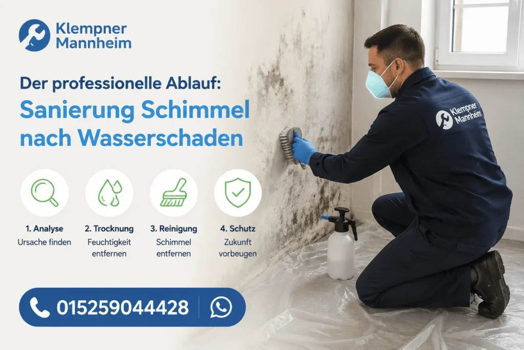 Fachmann entfernt Schimmel nach Wasserschaden im Gebäude