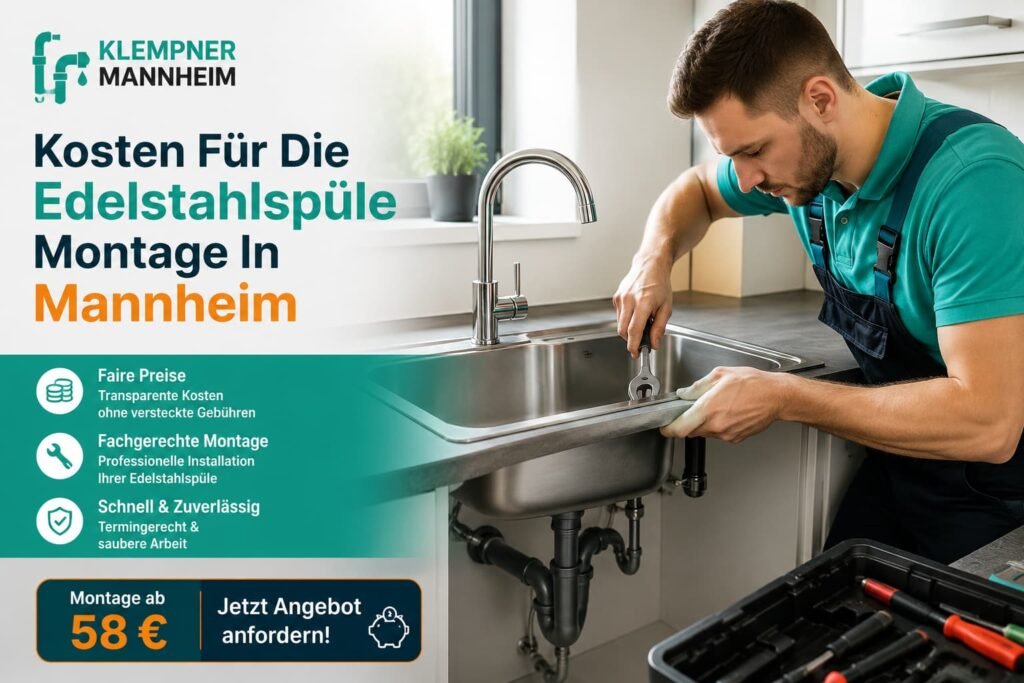 Kosten für die Edelstahlspüle Montage in Mannheim – Klempner installiert eine Edelstahlspüle in einer modernen Küche.