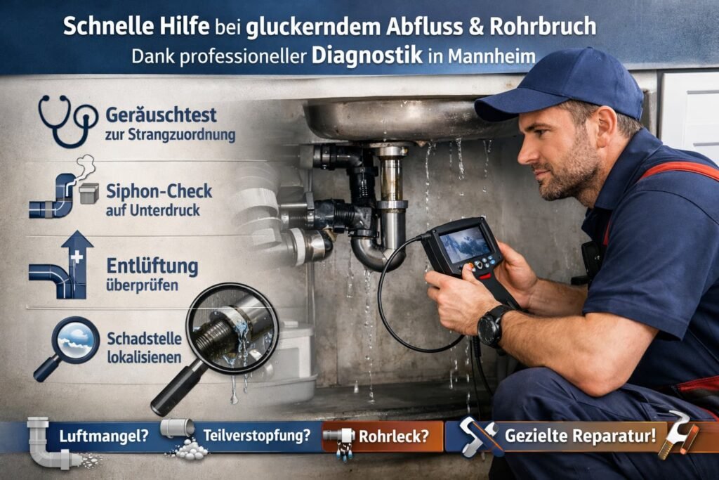 Schnelle Hilfe bei gluckerndem Abfluss und Rohrbruch in Mannheim – professioneller Klempner bei der Rohrdiagnostik und Lecksuche