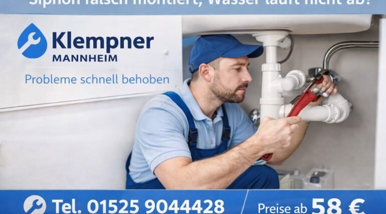 Klempner Mannheim repariert falsch montierten Siphon unter Spüle – Wasser läuft nicht ab, schneller Service ab 58 €