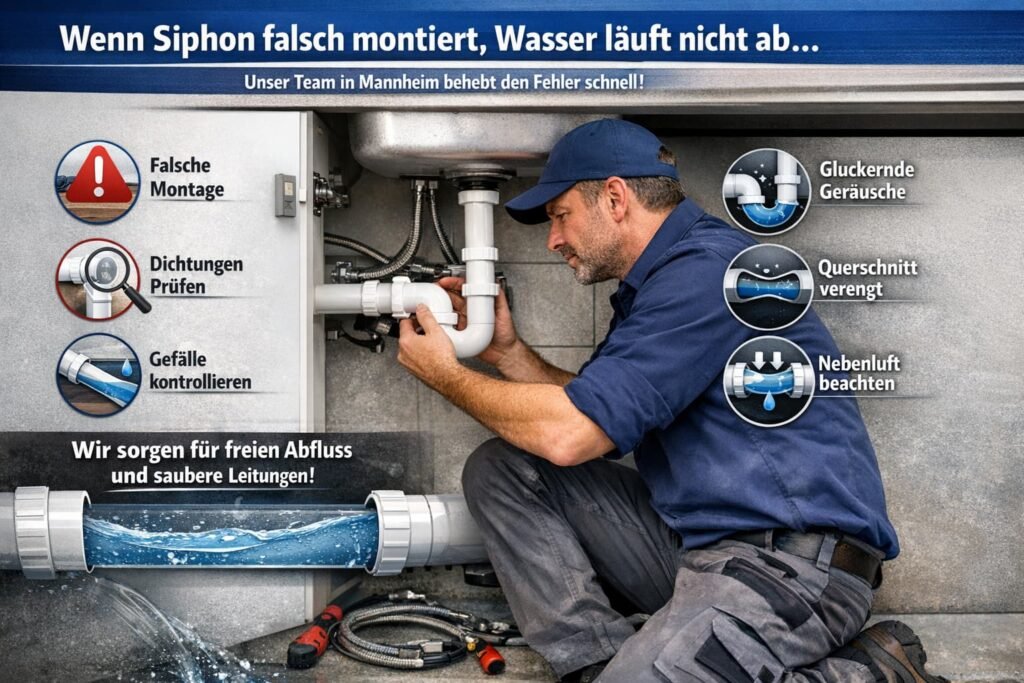 Klempner repariert falsch montierten Siphon unter Waschbecken in Mannheim – Abflussproblem wird behoben