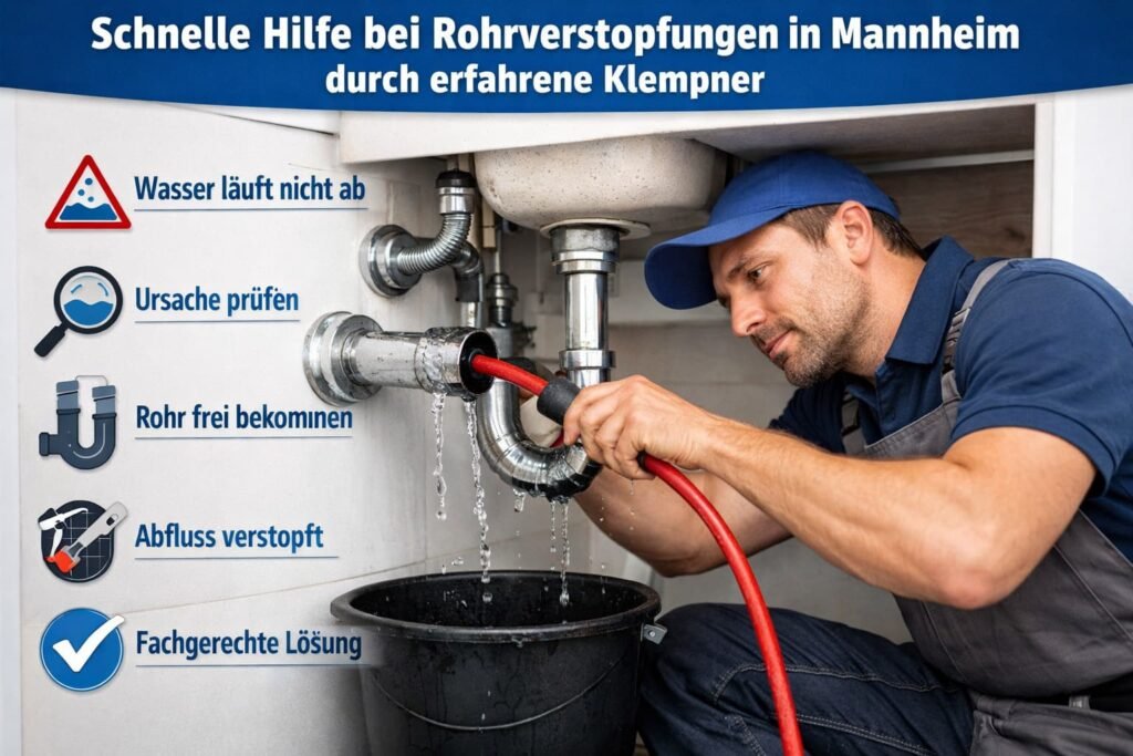 Klempner in Mannheim behebt verstopften Abfluss unter Spüle mit Rohrreinigungsspirale