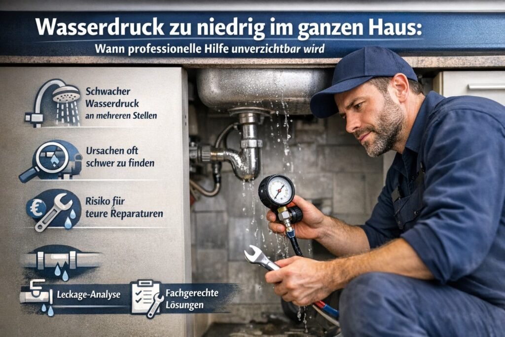 Professioneller Klempner repariert Rohrleck und misst Wasserdruck im Haus bei niedrigem Wasserdruckproblem
