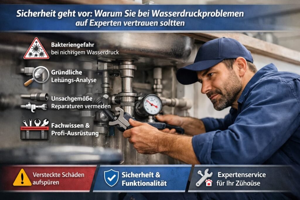 Installateur prüft Wasserdruckproblem in moderner Sanitäranlage