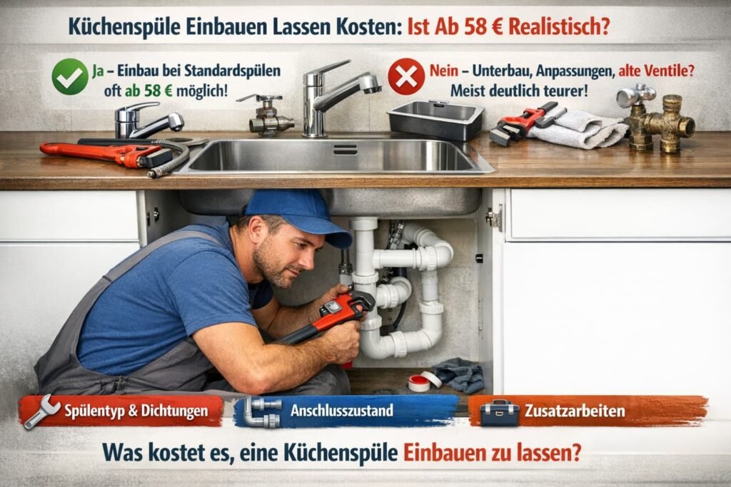 Klempner installiert Küchenspüle und prüft Anschlüsse – Kosten für Spülenmontage ab 58 € erklärt