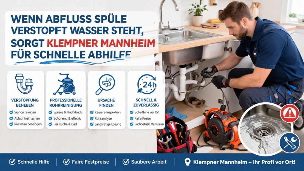 Klempner repariert verstopften Küchenabfluss mit stehendem Wasser in Mannheim