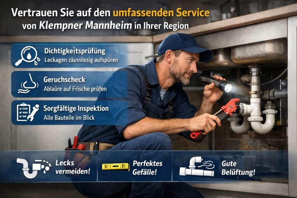 Klempner repariert verstopften Abfluss unter der Spüle mit Inspektionsservice und Dichtigkeitsprüfung in Mannheim