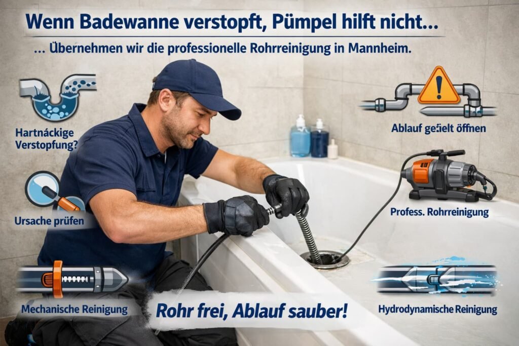 Professioneller Klempner reinigt verstopfte Badewanne in Mannheim mit moderner Rohrreinigungstechnik