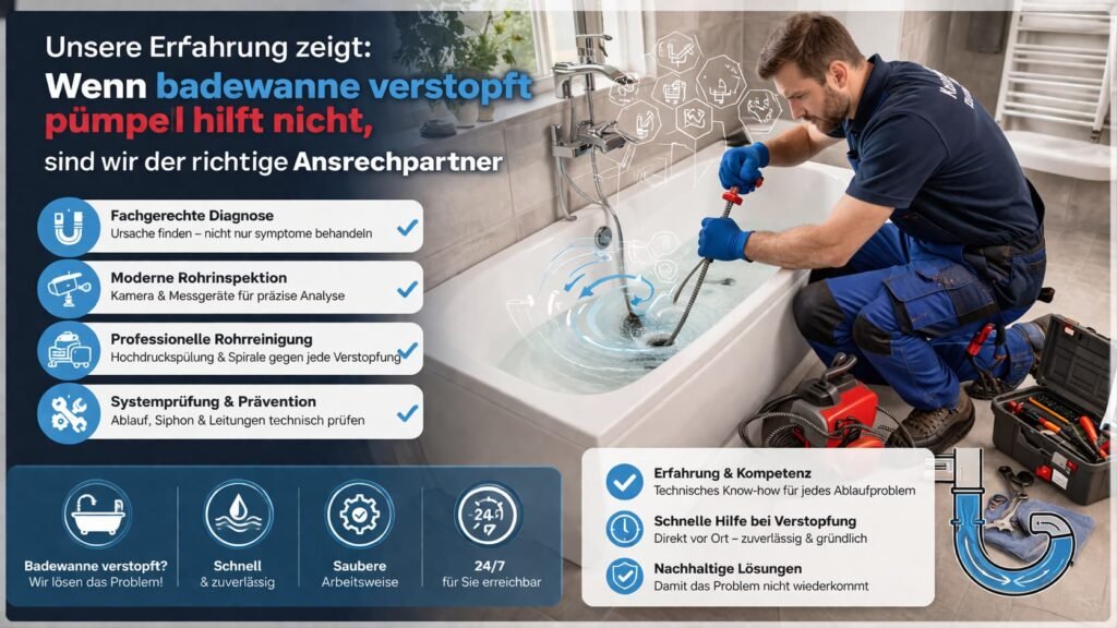 Klempner repariert verstopfte Badewanne mit Profi-Werkzeug – Rohrreinigung und Sanitärservice Mannheim