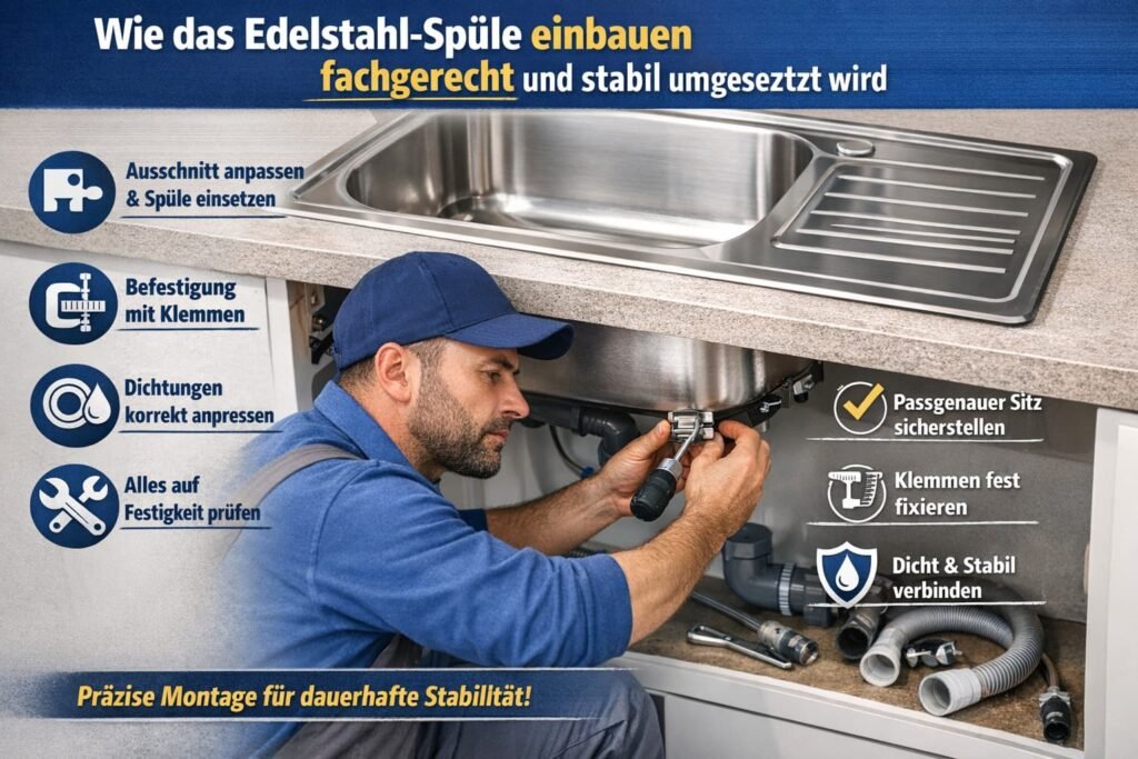 Edelstahl-Spüle fachgerecht einbauen – Klempner montiert Küchenspüle stabil und präzise