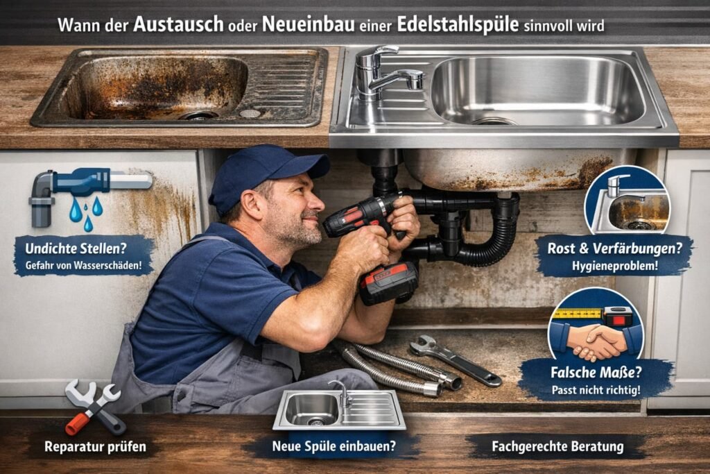 Ein Klempner installiert eine Edelstahlspüle und zeigt typische Probleme wie Rost, Undichtigkeiten und falsche Maße.
