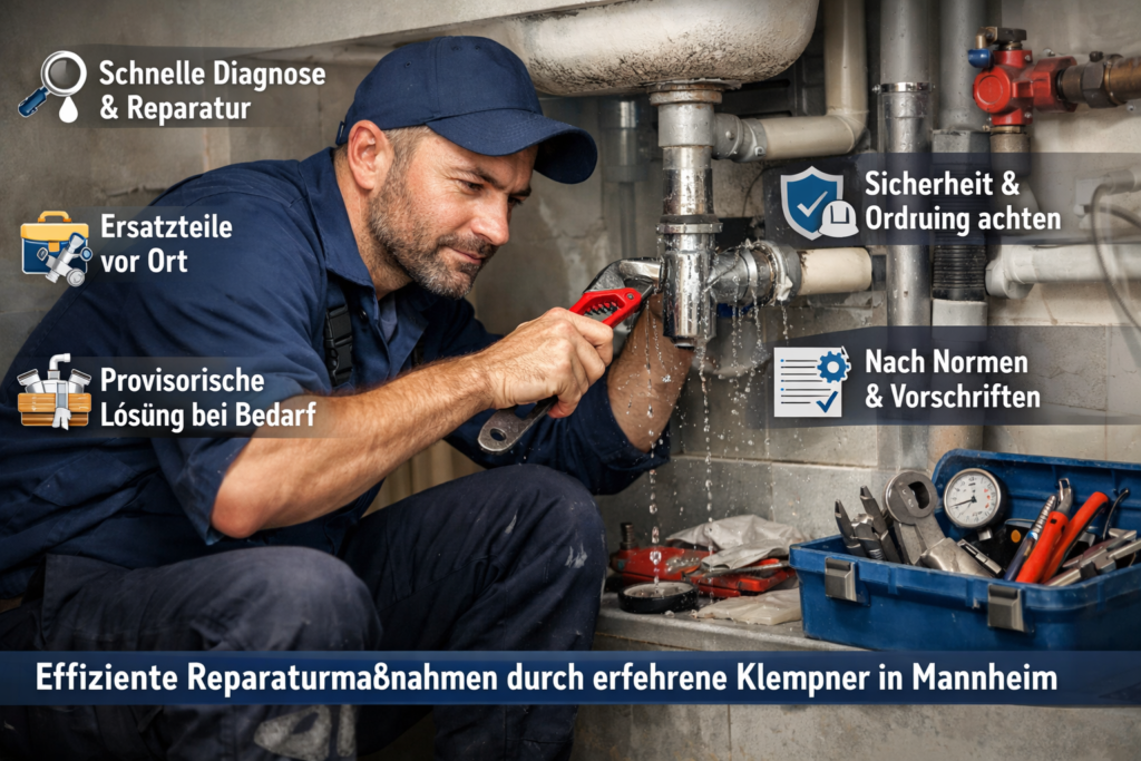 Effizienter Klempner repariert Rohrleck in Mannheim – schneller Sanitär Notdienst mit professioneller Ausrüstung