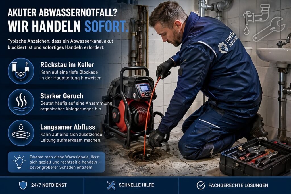 Handwerker beseitigt akute Abwasserverstopfung – typische Anzeichen wie Rückstau, Geruch und langsamer Abfluss
