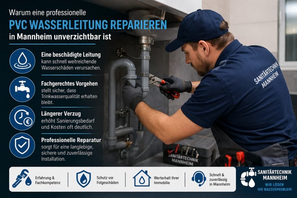 Professioneller Klempner repariert PVC-Wasserleitung unter der Spüle in Mannheim mit Sanitärtechnik-Icons
