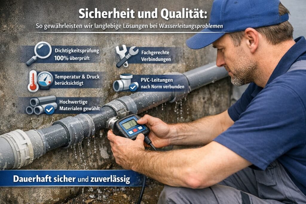 Installateur prüft PVC-Wasserleitung auf Dichtigkeit und Qualität für langlebige Reparaturen
